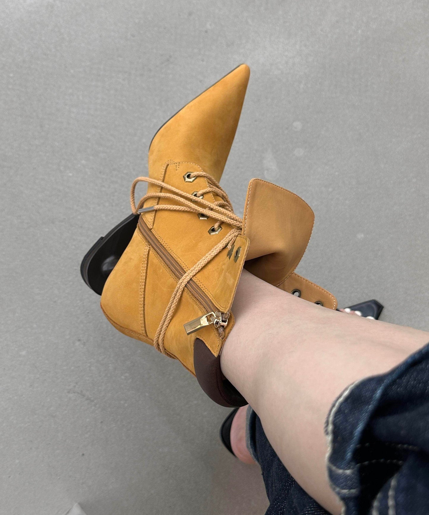 Original Design Yellow Pointed Toe Lace Up Faux Leather Wedge Boots