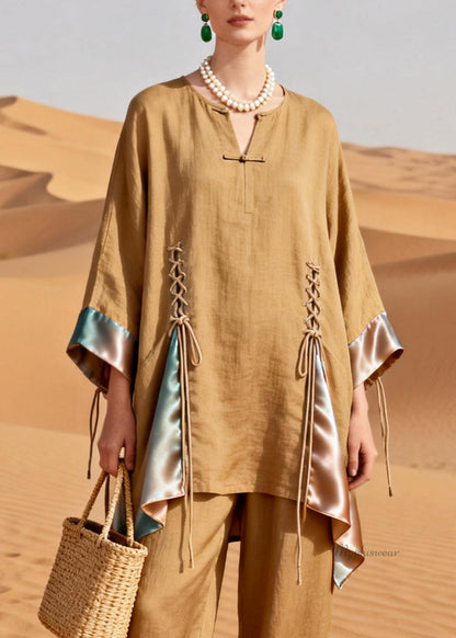 Original Designkhaki Lace Up Patchwork Silk Linen Two Pieces Set