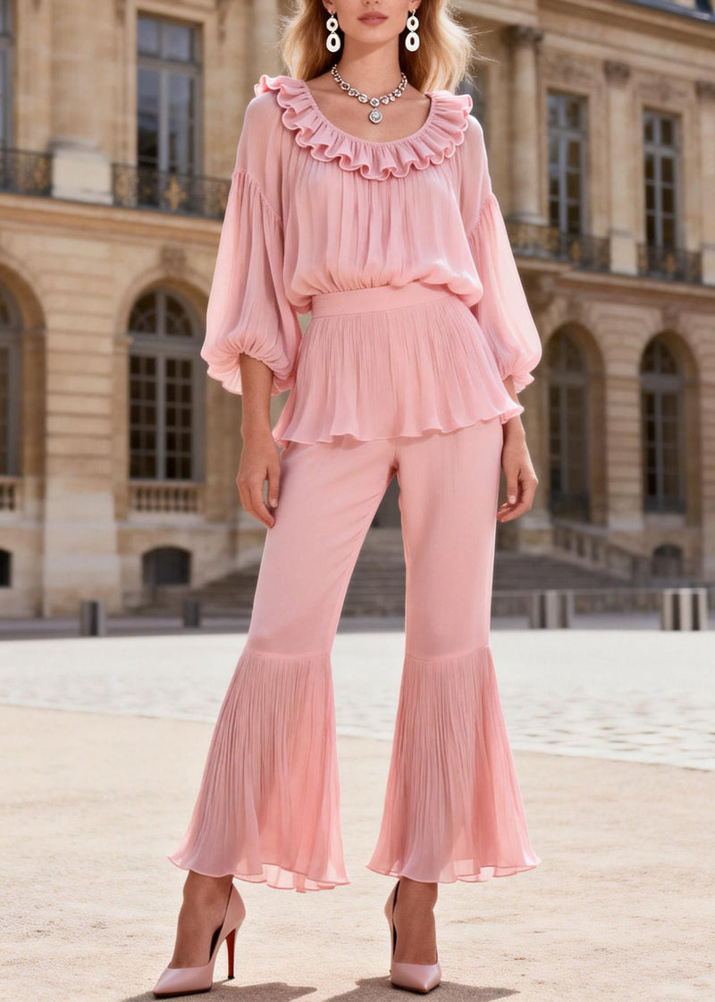 Original Pink Ruffled Patchwork Silk Two Piece Set Clothing Summer