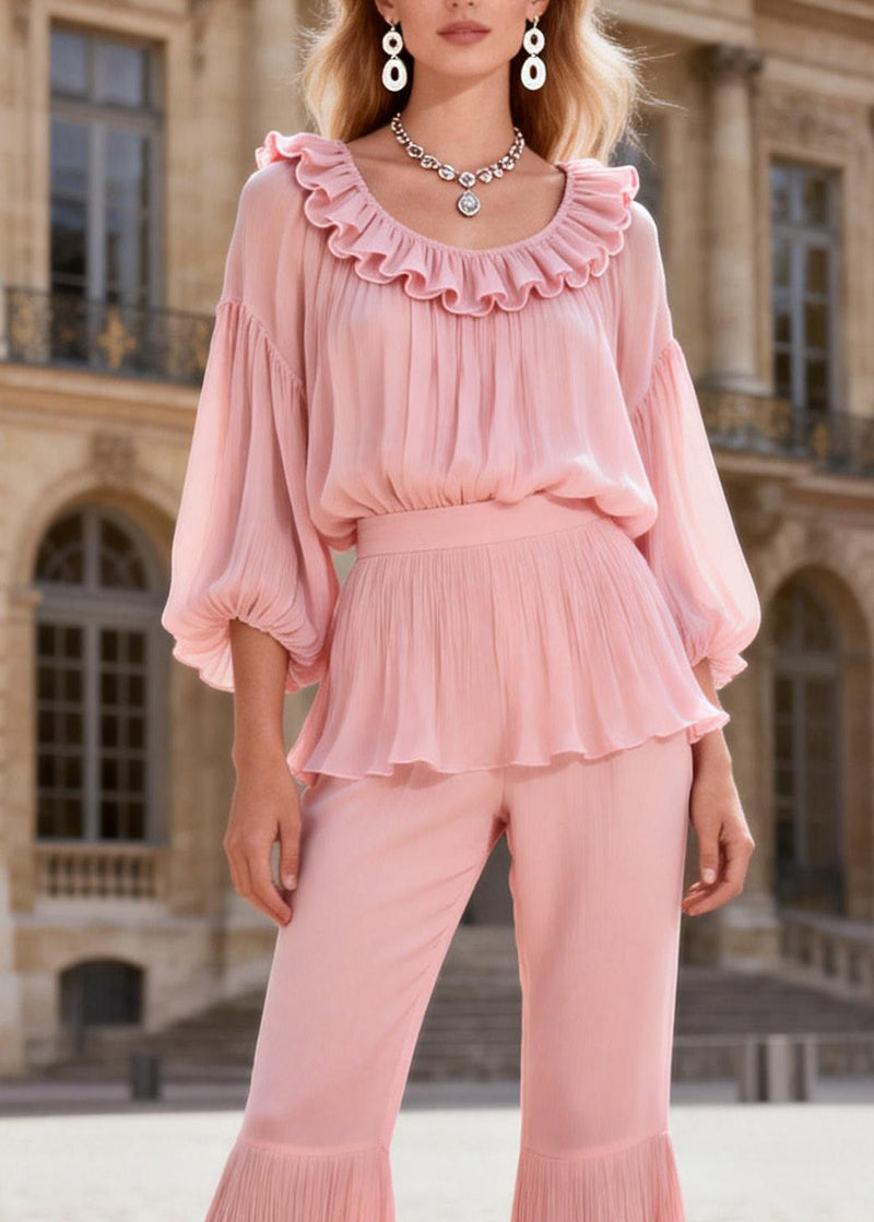 Original Pink Ruffled Patchwork Silk Two Piece Set Clothing Summer