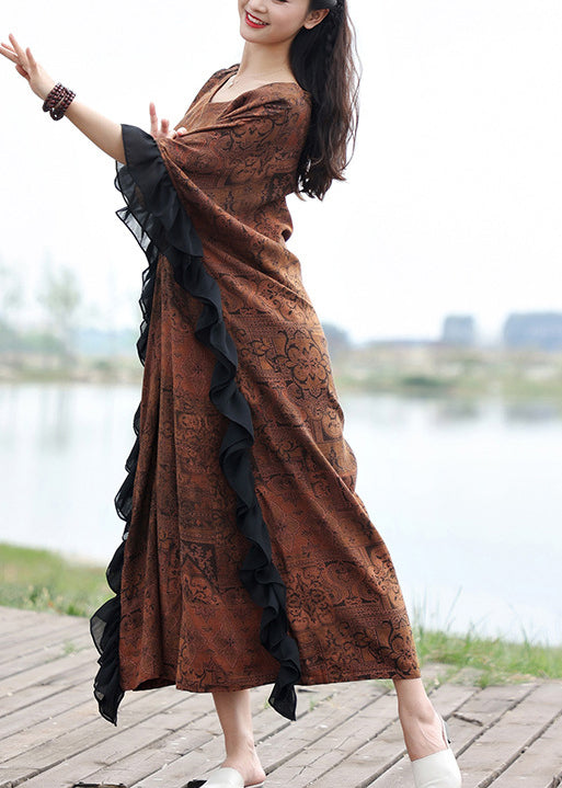 Original O-neck Ruffled Print Cotton Dresses Half Sleeve
