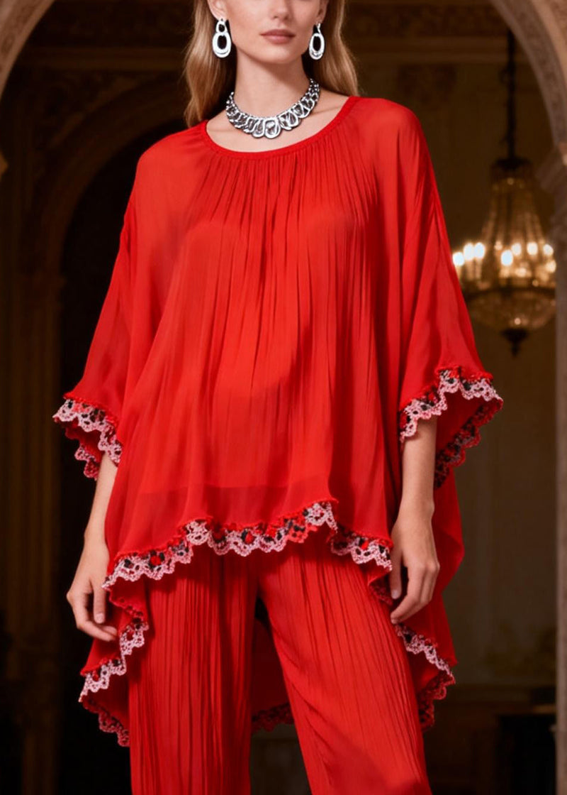Original Red Low High Design Lace Patchwork Two Pieces Set Bracelet Sleeve