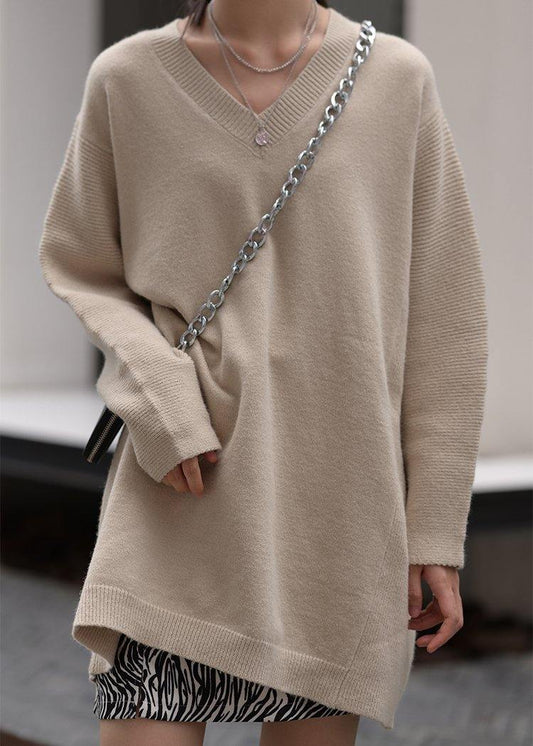 Over Sized Beige Knitted Clothes V Neck Oversized Fall Knit Tops