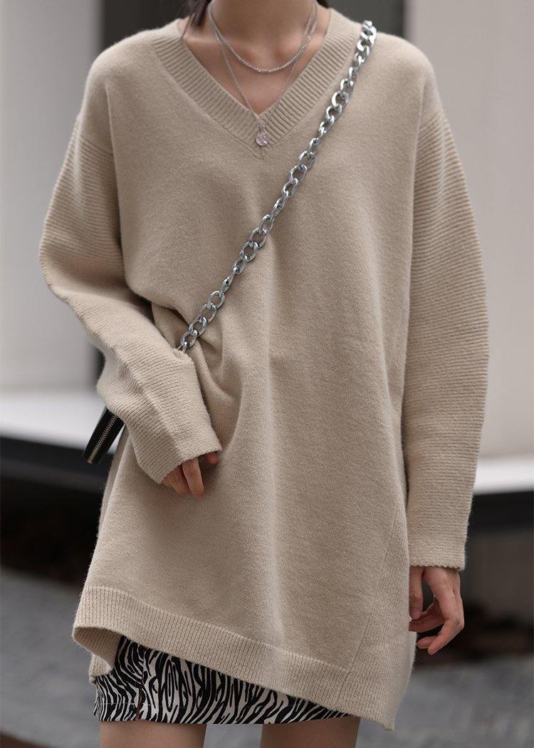 Over Sized Beige Knitted Clothes V Neck Oversized Fall Knit Tops