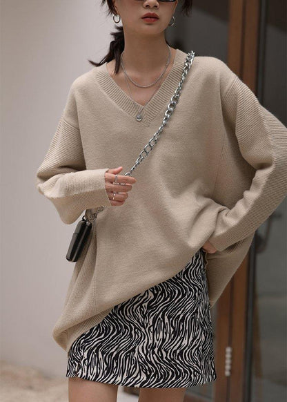 Over Sized Beige Knitted Clothes V Neck Oversized Fall Knit Tops