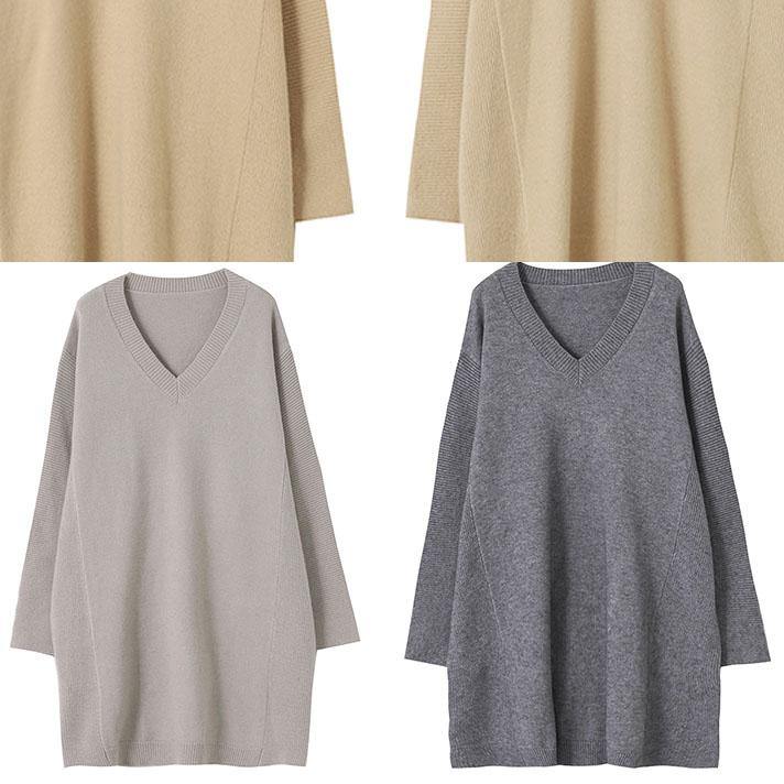 Over Sized Beige Knitted Clothes V Neck Oversized Fall Knit Tops