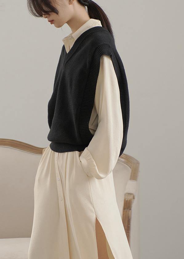 Oversized Gray Knit Tops Oversized V Neck Sleeveless Tops