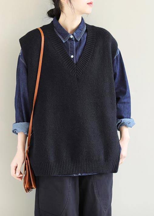 Oversized Black Knitted Clothes V Neck Sleeveless Oversized Sweaters