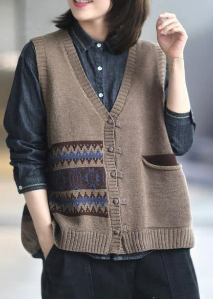 Oversized Khaki Knitted Top V Neck Sleeveless Loose Fitting Knitted Blouse