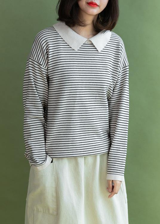 Oversized Beige Striped Knitted Blouse Clothing Lapel Collar Knit Blouse