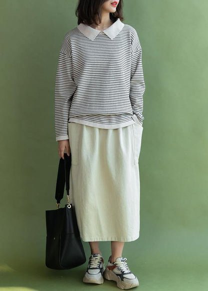 Oversized Beige Striped Knitted Blouse Clothing Lapel Collar Knit Blouse