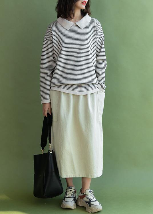 Oversized Beige Striped Knitted Blouse Clothing Lapel Collar Knit Blouse