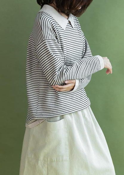 Oversized Beige Striped Knitted Blouse Clothing Lapel Collar Knit Blouse