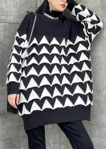 Oversized Black Geometric Knit Top Silhouette O Neck Sweaters