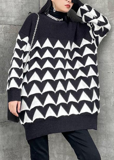 Oversized Black Geometric Knit Top Silhouette O Neck Sweaters