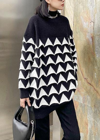 Oversized Black Geometric Knit Top Silhouette O Neck Sweaters