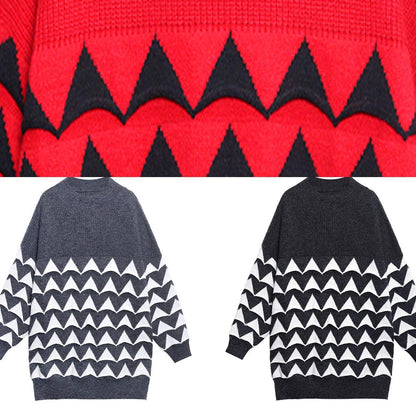 Oversized Black Geometric Knit Top Silhouette O Neck Sweaters