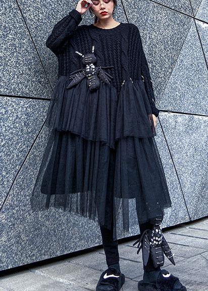 Oversized Black Sweater O Neck Three-dimensional Decoration Big Spring Sweater Dresses