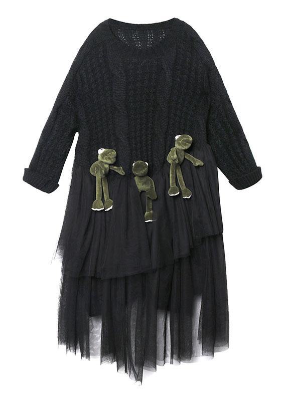 Oversized Black Sweater O Neck Three-dimensional Decoration Big Spring Sweater Dresses