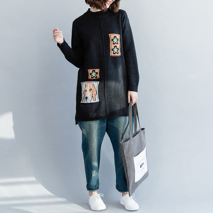 Oversized Black Sweater Outfit Funny O Neck Knitted Tops