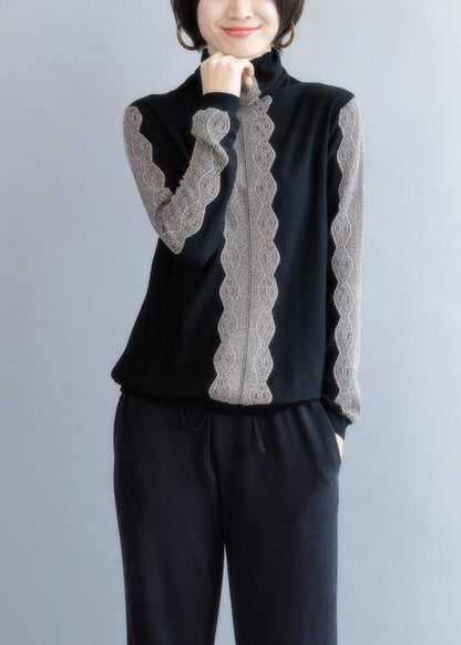 Oversized Black Knit Sweat Tops Fall High Neck Knitted T Shirt