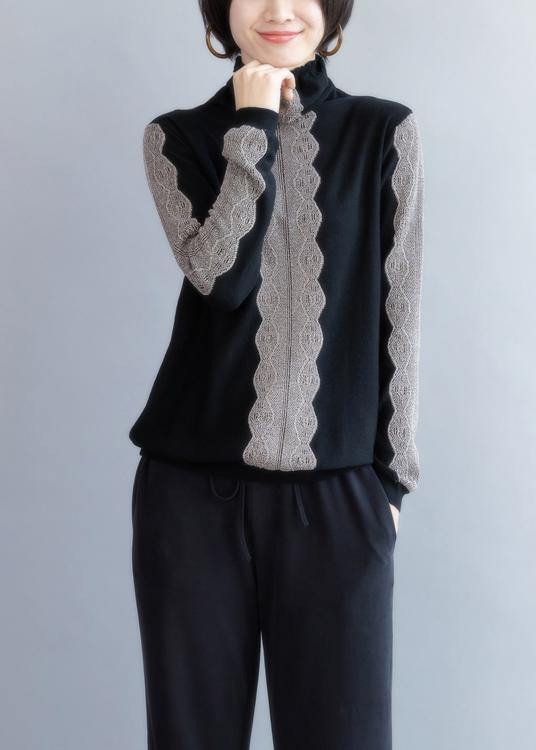 Oversized Black Knit Sweat Tops Fall High Neck Knitted T Shirt