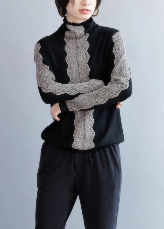 Oversized Black Knit Sweat Tops Fall High Neck Knitted T Shirt