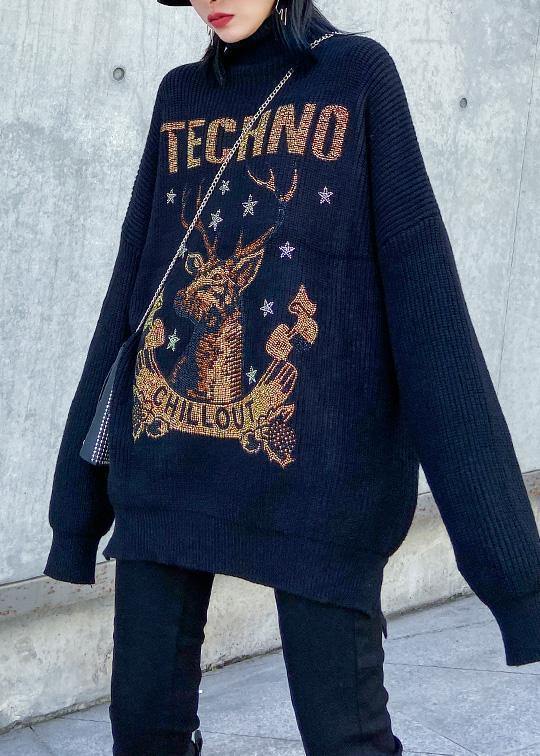 Oversized Black Knitted Top Side Open Half High Neck Sweaters