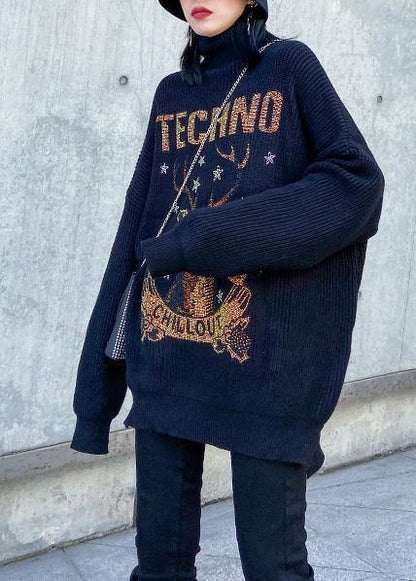 Oversized Black Knitted Top Side Open Half High Neck Sweaters