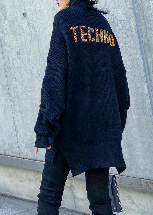 Oversized Black Knitted Top Side Open Half High Neck Sweaters
