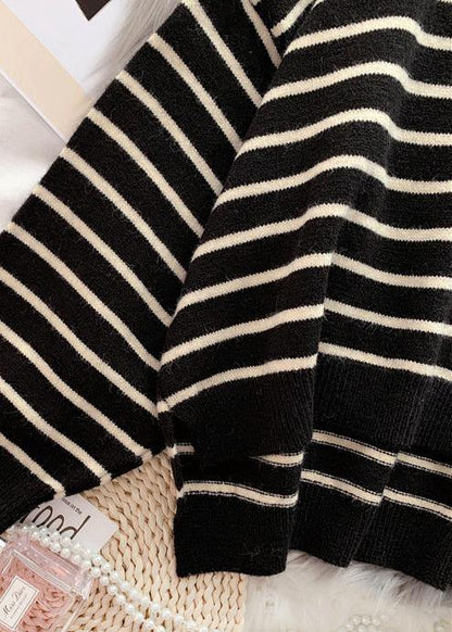 Oversized Black Striped Knitted Blouse Clothing O Neck Low High Design Knit Tops