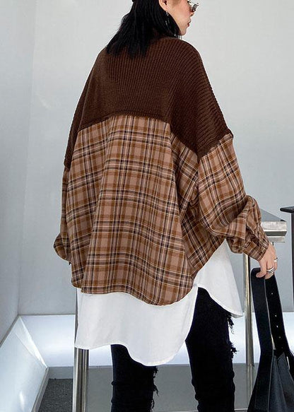 Oversized Chocolate Sweater Blouse Lapel Patchwork Spring Knit Tops