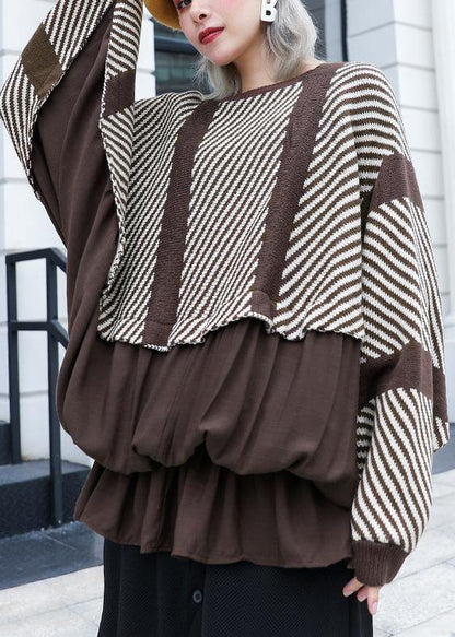 Oversized Chocolate Striped Box Top Clothing O Neck Ruffles Patchwork Knit Sweat Tops