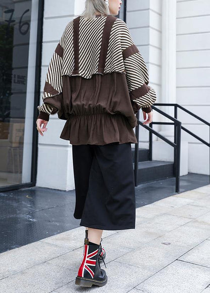 Oversized Chocolate Striped Box Top Clothing O Neck Ruffles Patchwork Knit Sweat Tops