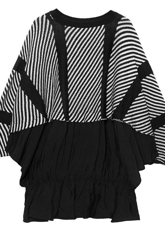 Oversized Chocolate Striped Box Top Clothing O Neck Ruffles Patchwork Knit Sweat Tops