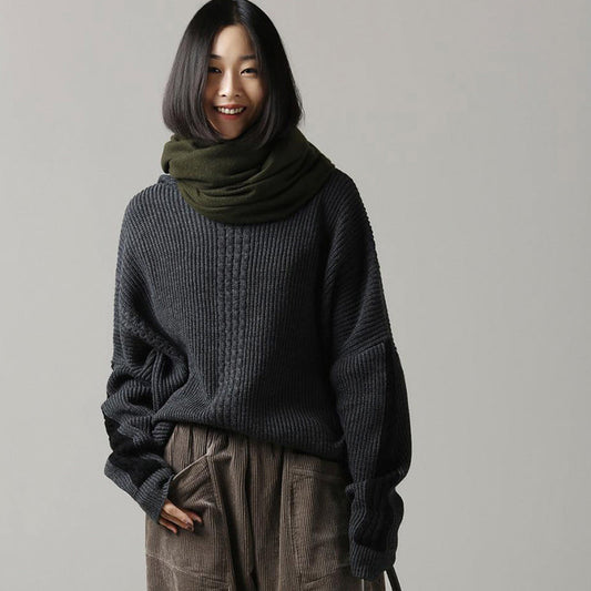 Oversized Dark Gray Sweater Largo Big Batwing Sleeve High Neck Knitted Tops