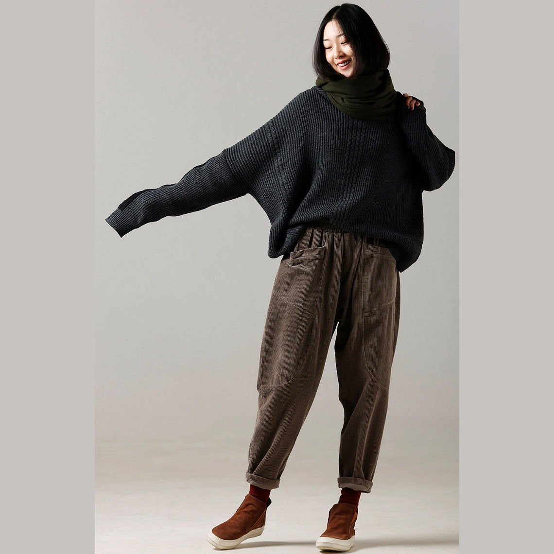 Oversized Dark Gray Sweater Largo Big Batwing Sleeve High Neck Knitted Tops