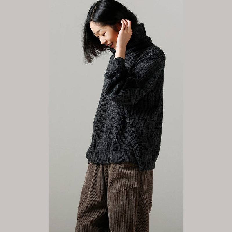 Oversized Dark Gray Sweater Largo Big Batwing Sleeve High Neck Knitted Tops