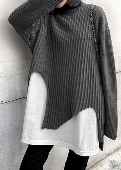 Oversized Gray Knit Sweat Tops Fall O Neck False Two Pieces Crane Tops