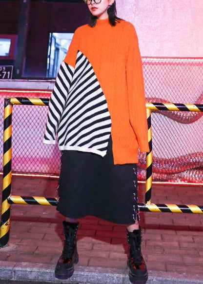 Oversized Green Patchwork Striped Knit Sweat Tops Loose Fitting O Neck Sweater Blouse