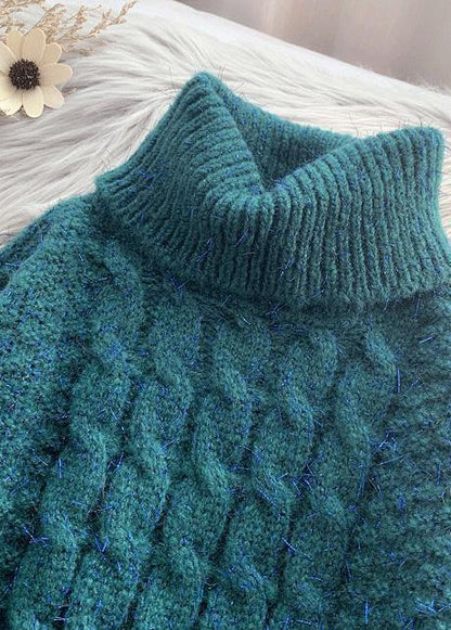 Oversized High Neck Green Knit Tops Asymmetric Hem Crane Tops
