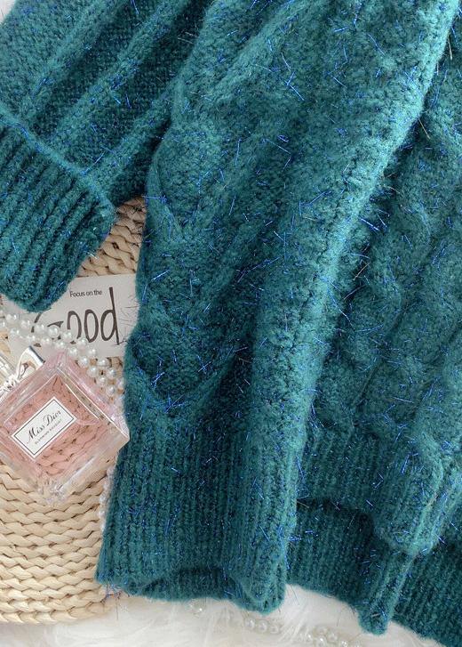 Oversized High Neck Green Knit Tops Asymmetric Hem Crane Tops