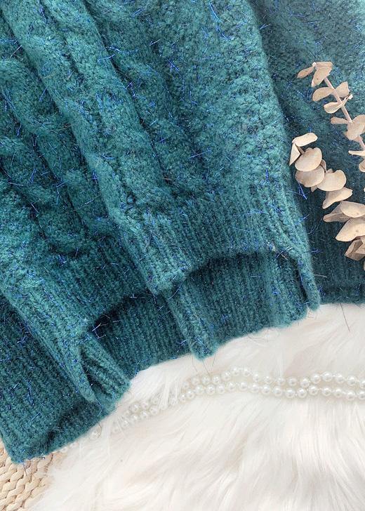 Oversized High Neck Green Knit Tops Asymmetric Hem Crane Tops