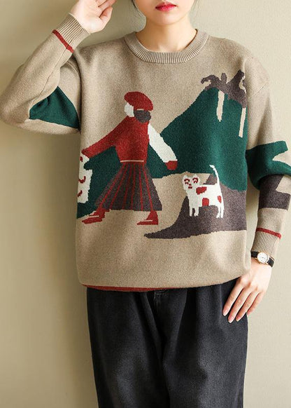 Oversized Khaki Knit Blouse O Neck Prints Knit Sweat Tops