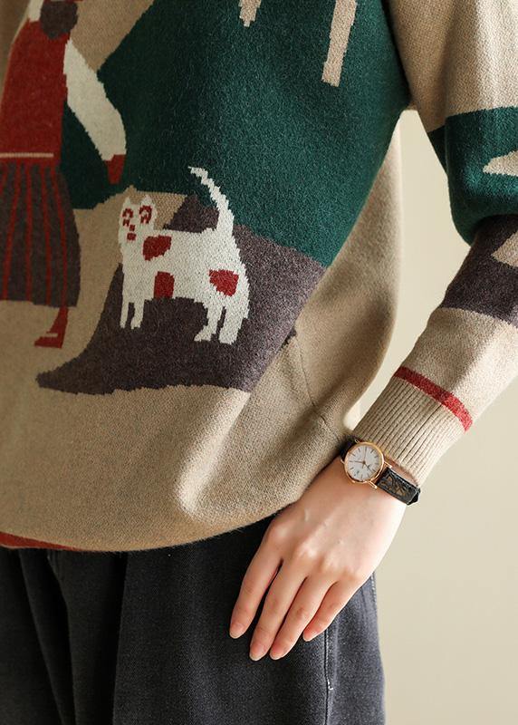 Oversized Khaki Knit Blouse O Neck Prints Knit Sweat Tops