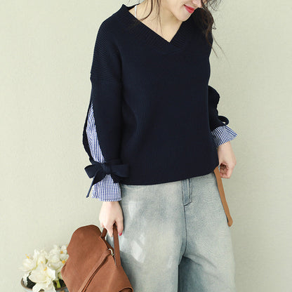 Oversized Navy Knitted Tops Clothing V Neck False Two Pieces Sweaters