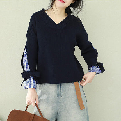 Oversized Navy Knitted Tops Clothing V Neck False Two Pieces Sweaters