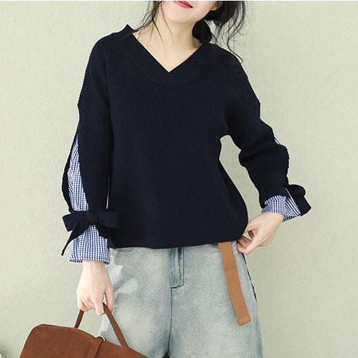 Oversized Navy Knitted Tops Clothing V Neck False Two Pieces Sweaters