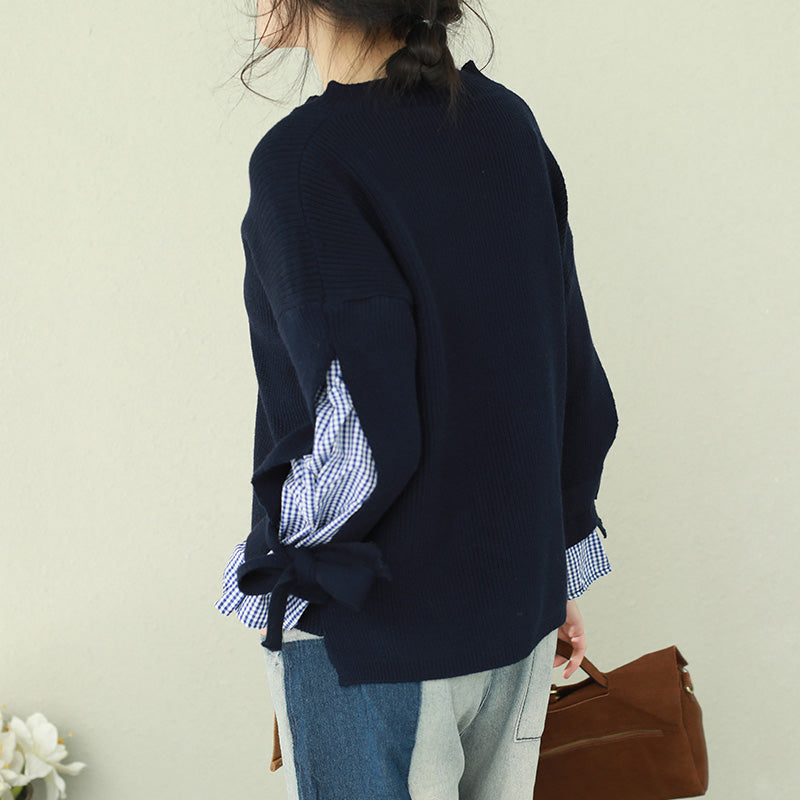 Oversized Navy Knitted Tops Clothing V Neck False Two Pieces Sweaters