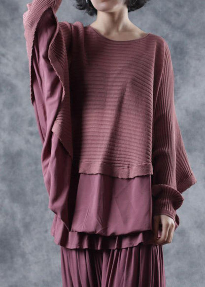 Oversized O Neck Red Knit Tops Batwing Sleeves Tops
